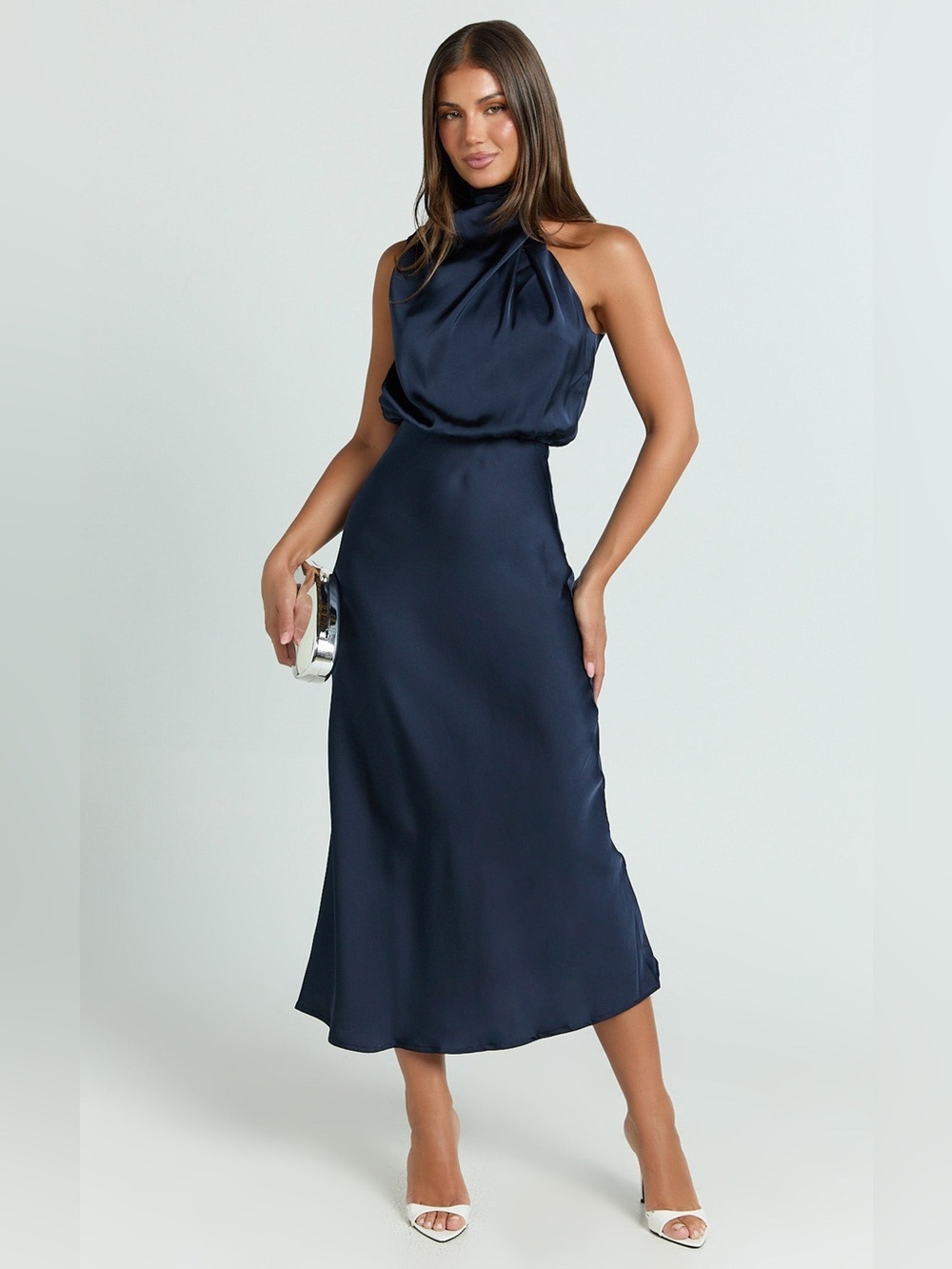 NWT Showpo MINNIE MIDI Drape Neck Satin Slip Dress In Navy